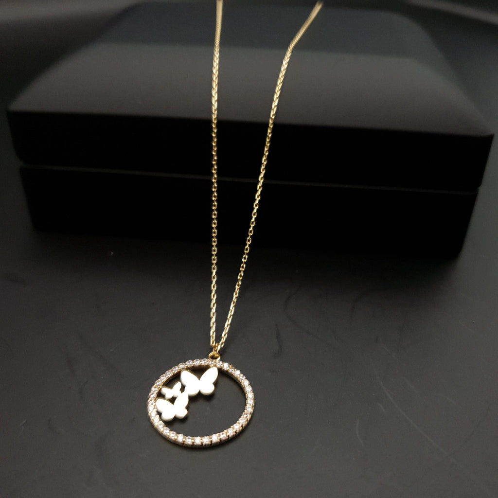 18K Gold Butterfly Necklace: Circle Pendant, Delicate Jewelry