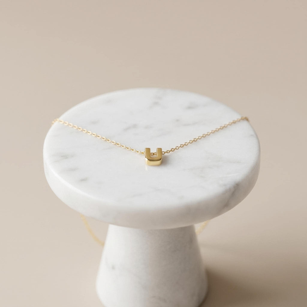 18K Real Gold U Letter Necklace - Minimalist Initial Pendant