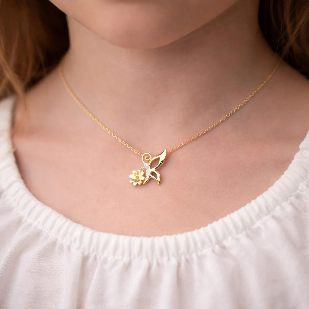 18K Gold Butterfly Necklace with Flower Accent