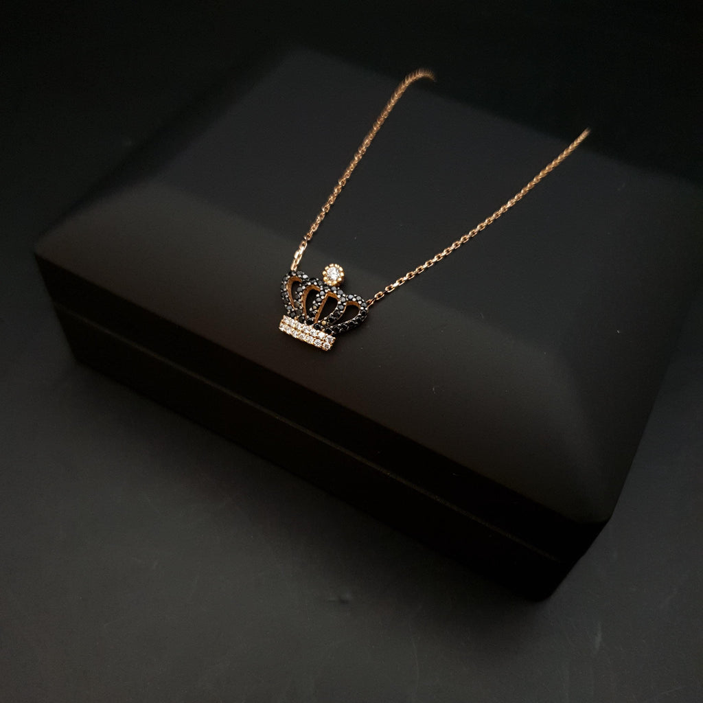 18K Gold Queen Crown Necklace: Black Diamond Pendant