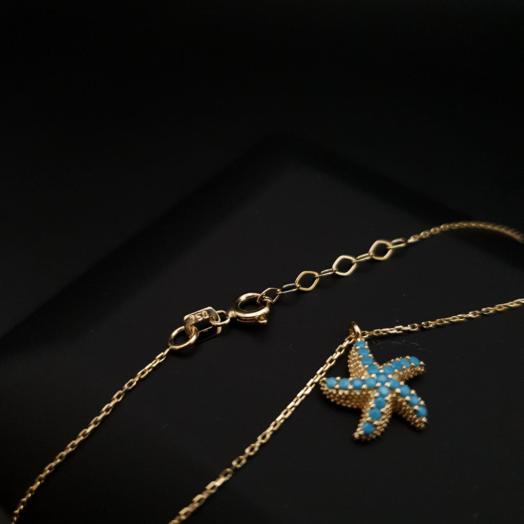 18K Gold Starfish Necklace: Turquoise Beach Design
