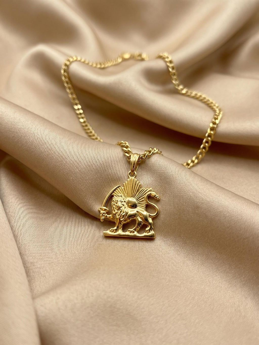 18k Solid Gold Lion and Sun Necklace: Pahlavi Symbol Pendant