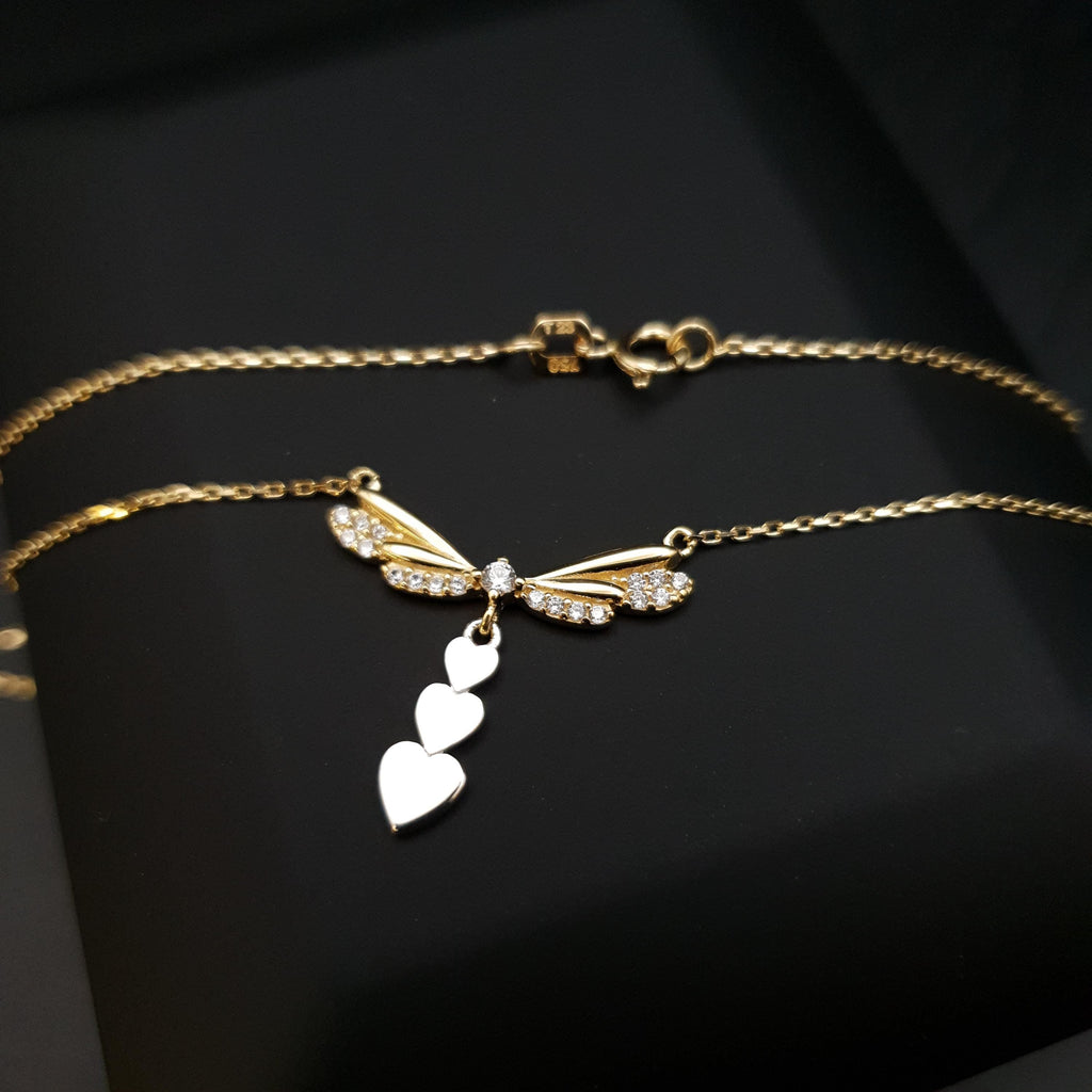18K Gold Dragonfly Necklace with Heart Charms, Delicate Pendant