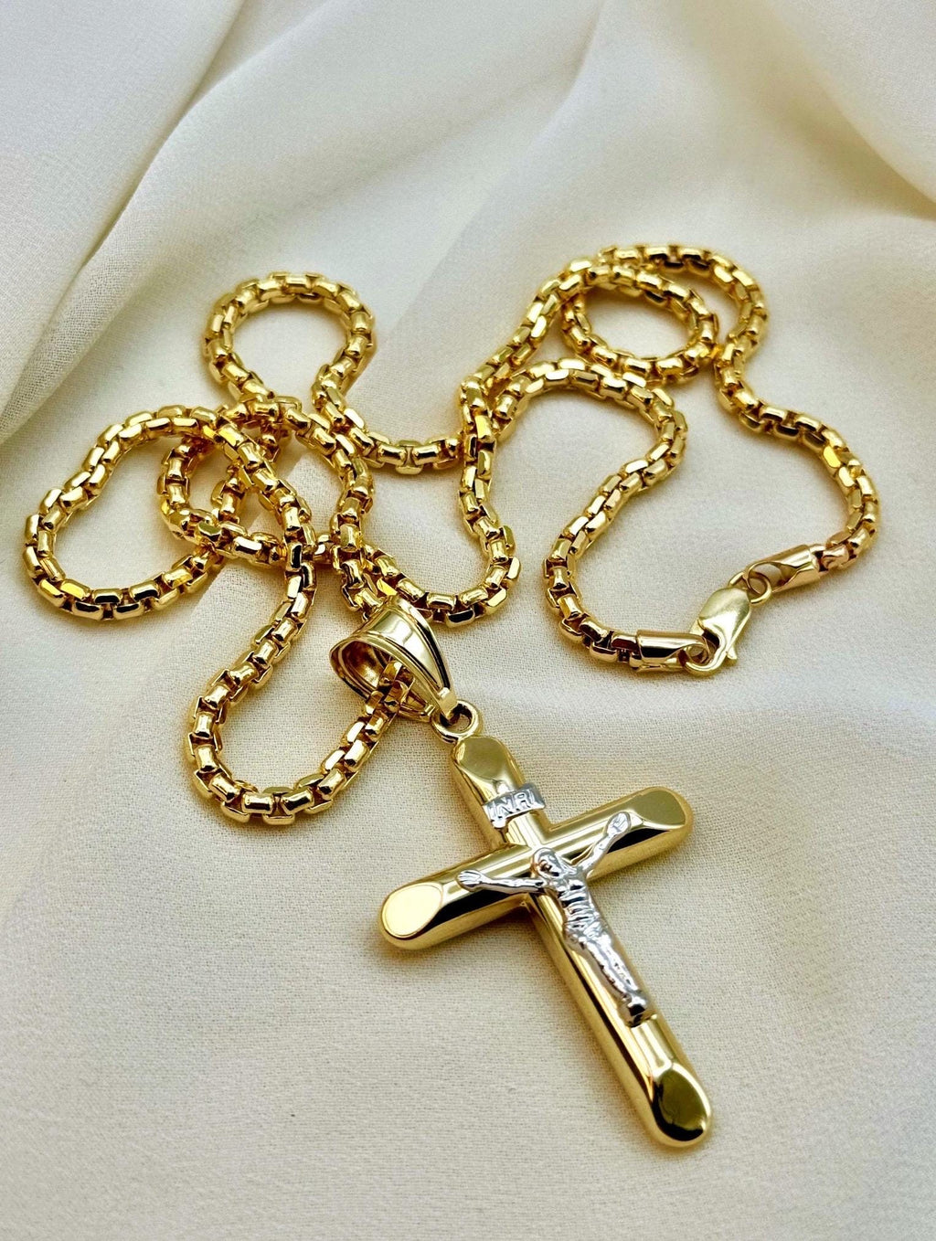 14K Real Gold Cross Necklace with Box Chain, 22 & 24 Inch Length