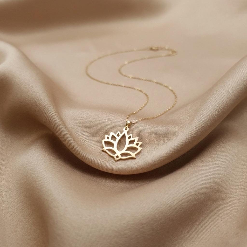 14K Gold Lotus Flower Pendant Necklace: Yoga Jewelry Gift