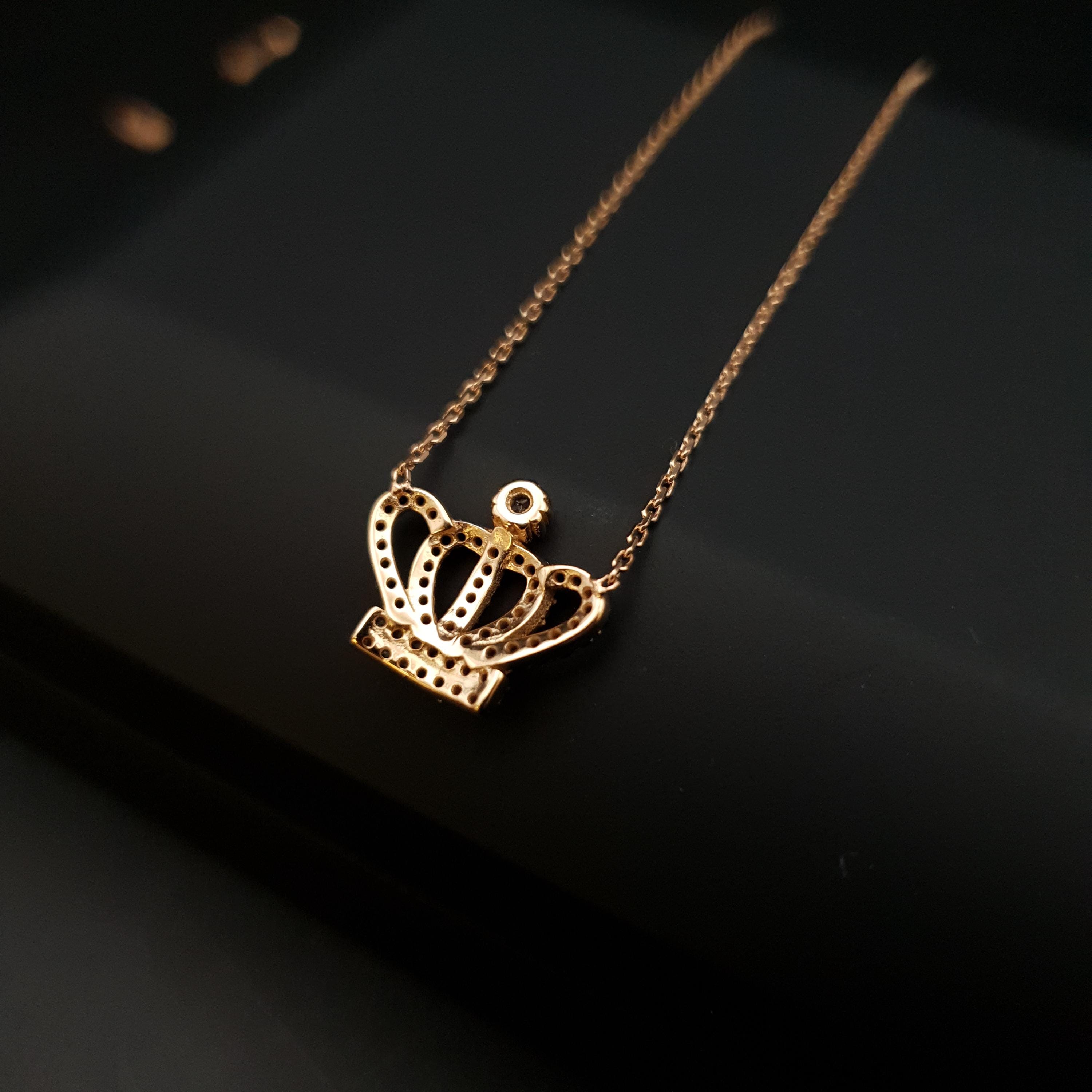 18K Gold Queen Crown Necklace: Black Diamond Pendant
