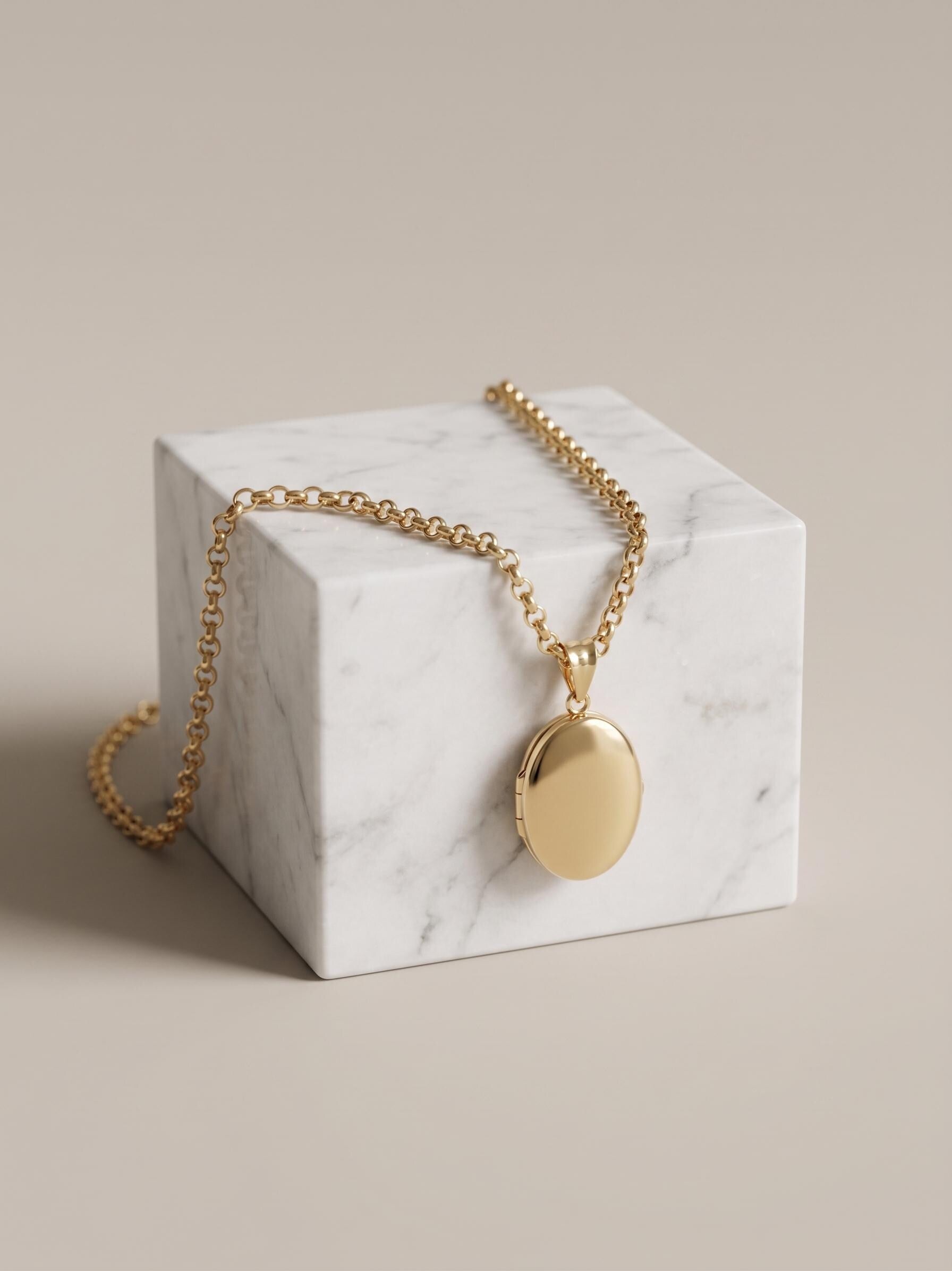 14k Real Gold Oval Locket Necklac,22 inch, Photo Memorial Pendant
