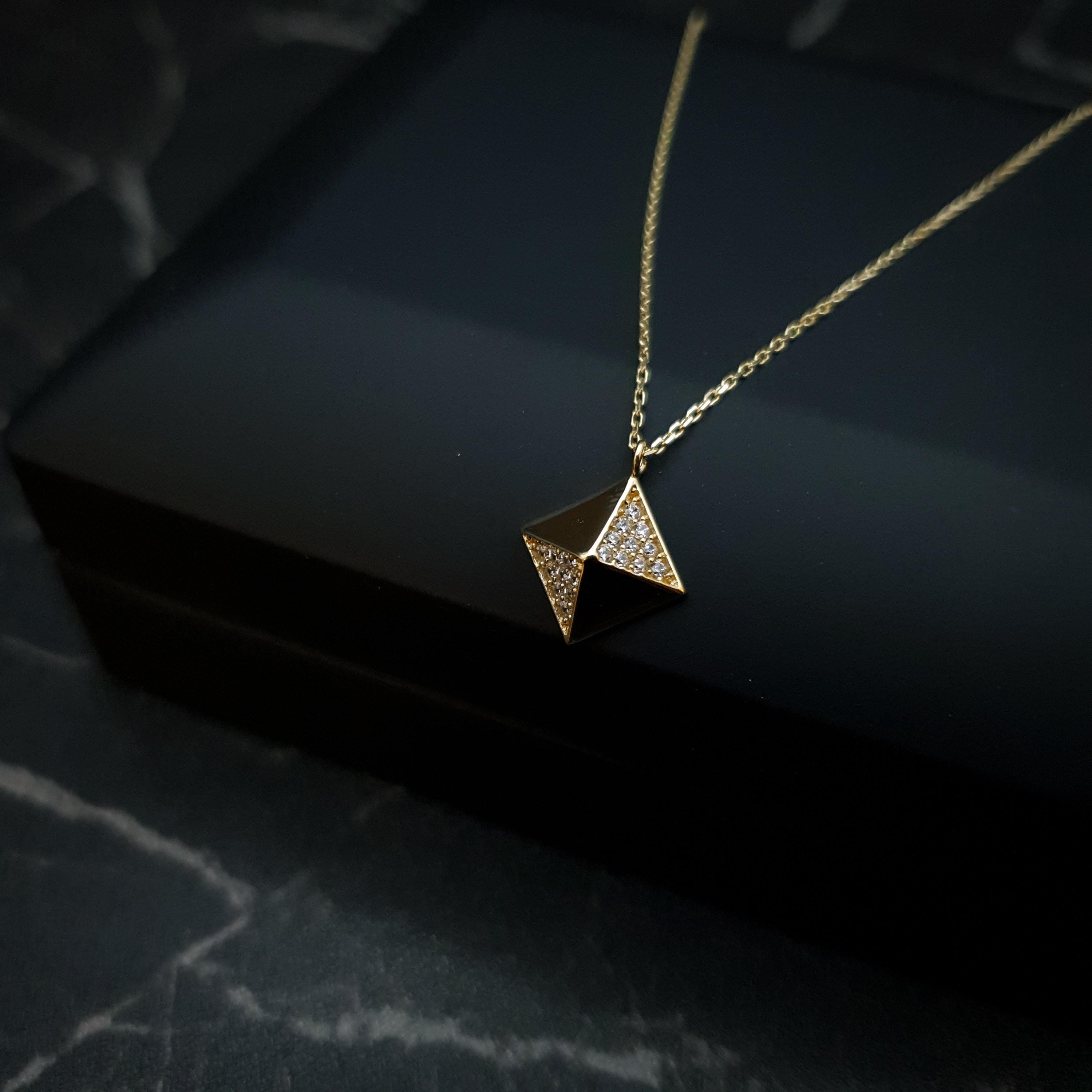 18K Gold Pyramid Necklace: Geometric Pendant, Modern Jewelry