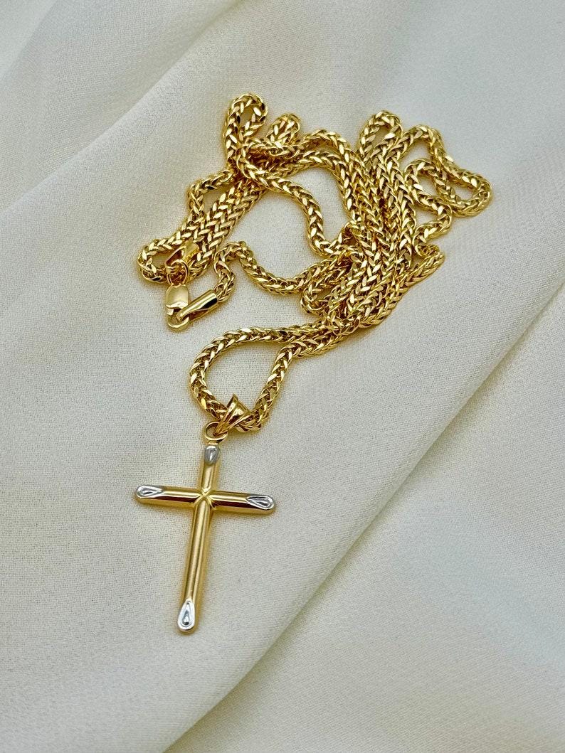18k Gold Cross Necklace: Foxtail Chain 2mm, Gift Box