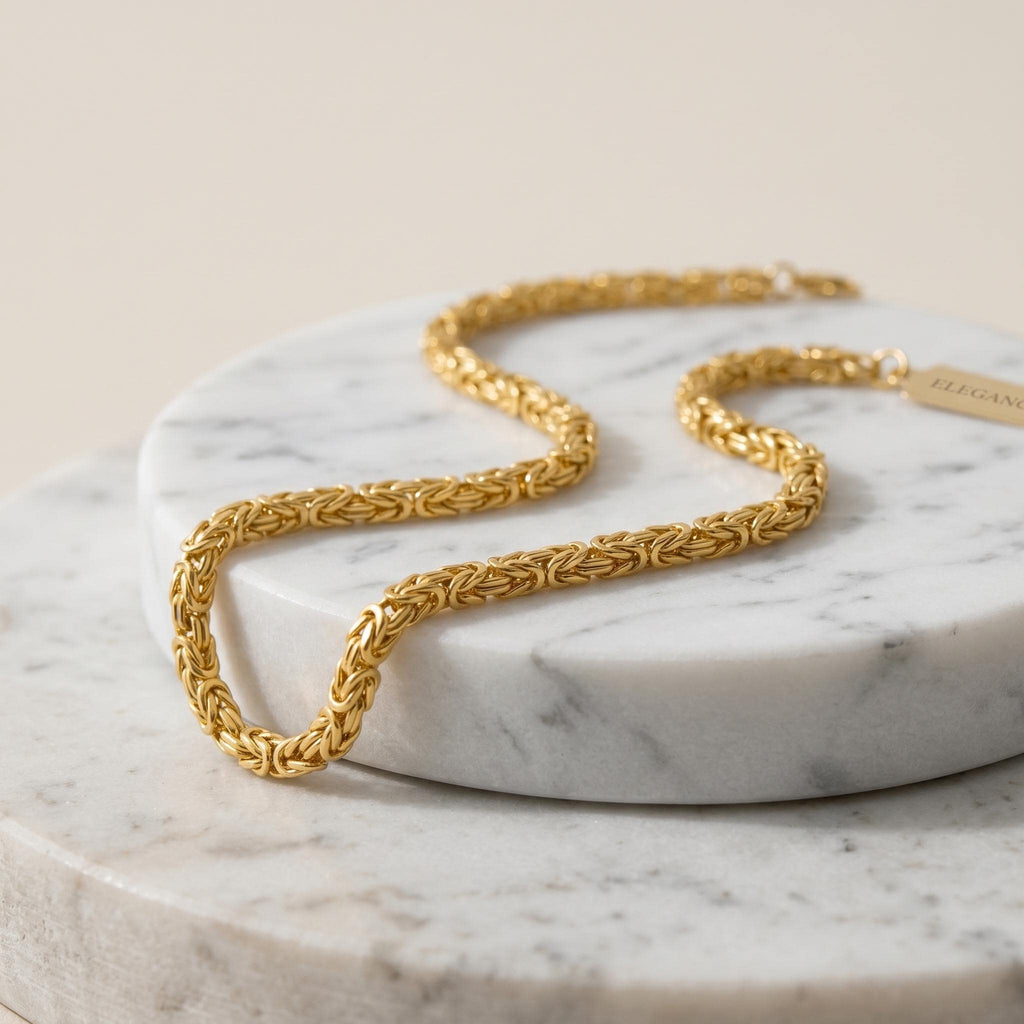 14K Real Gold Byzantine Chain Necklace: 3mm - 5mm Thickness. Everyday gold jewelry