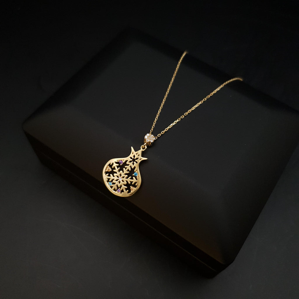 18K Gold Pomegranate Snowflake Necklace, Dainty Pendant