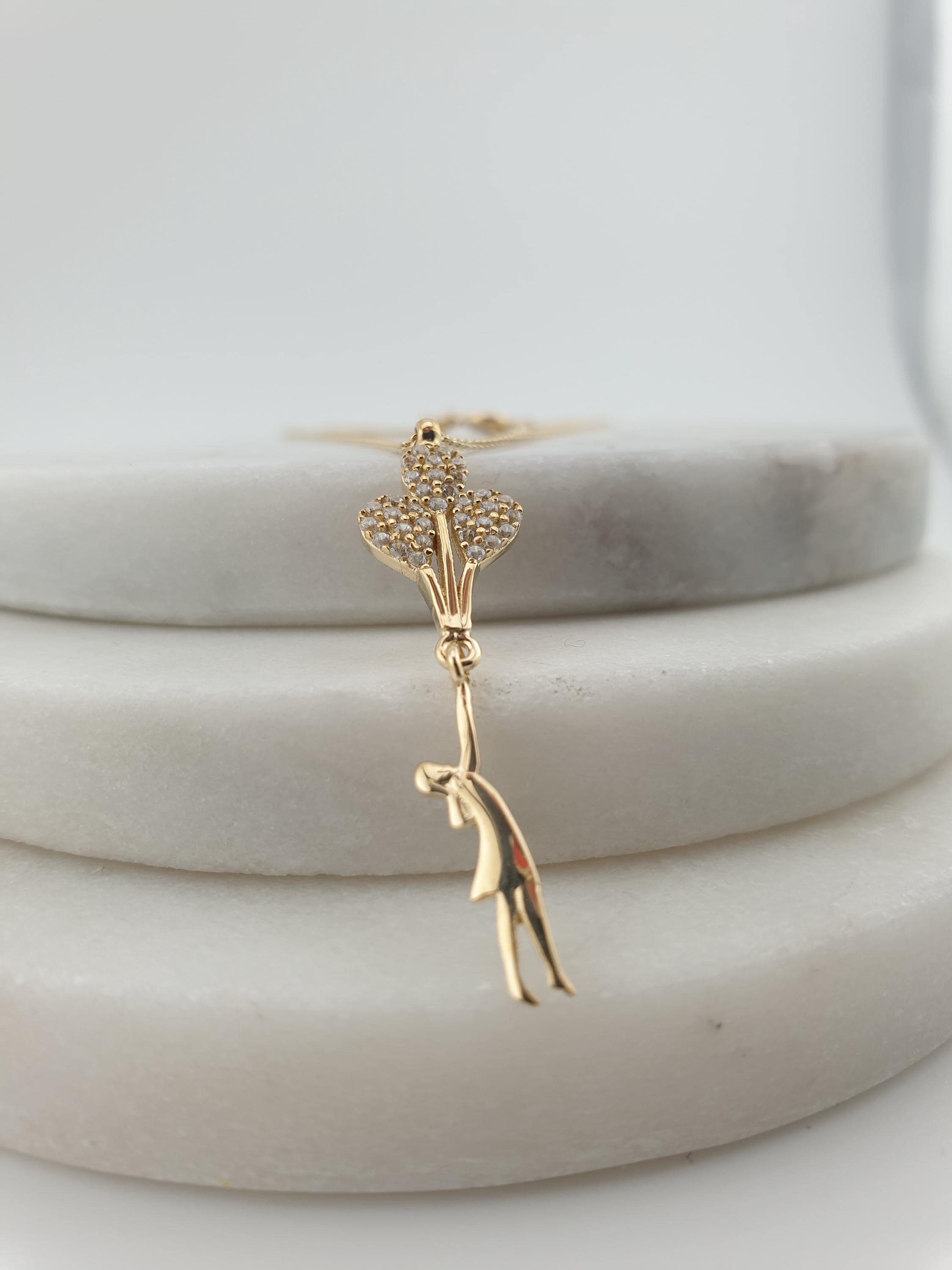14K Gold Balloon Girl Necklace: Pearl Accent Pendant