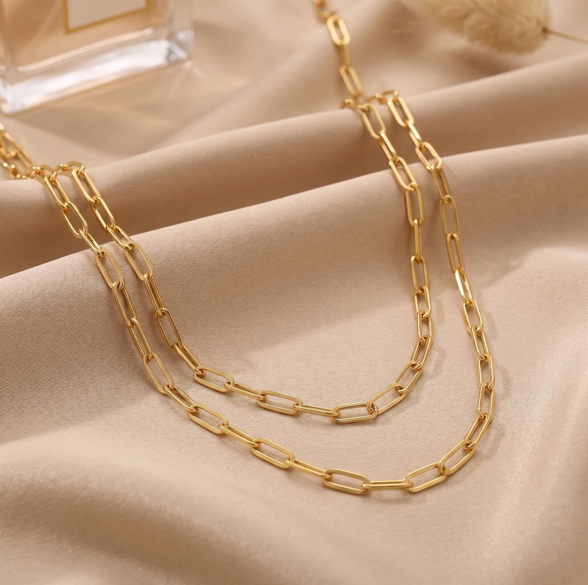 18k Real Gold Paperclip Chain Necklace, 3mm Thickness, Oval Link.