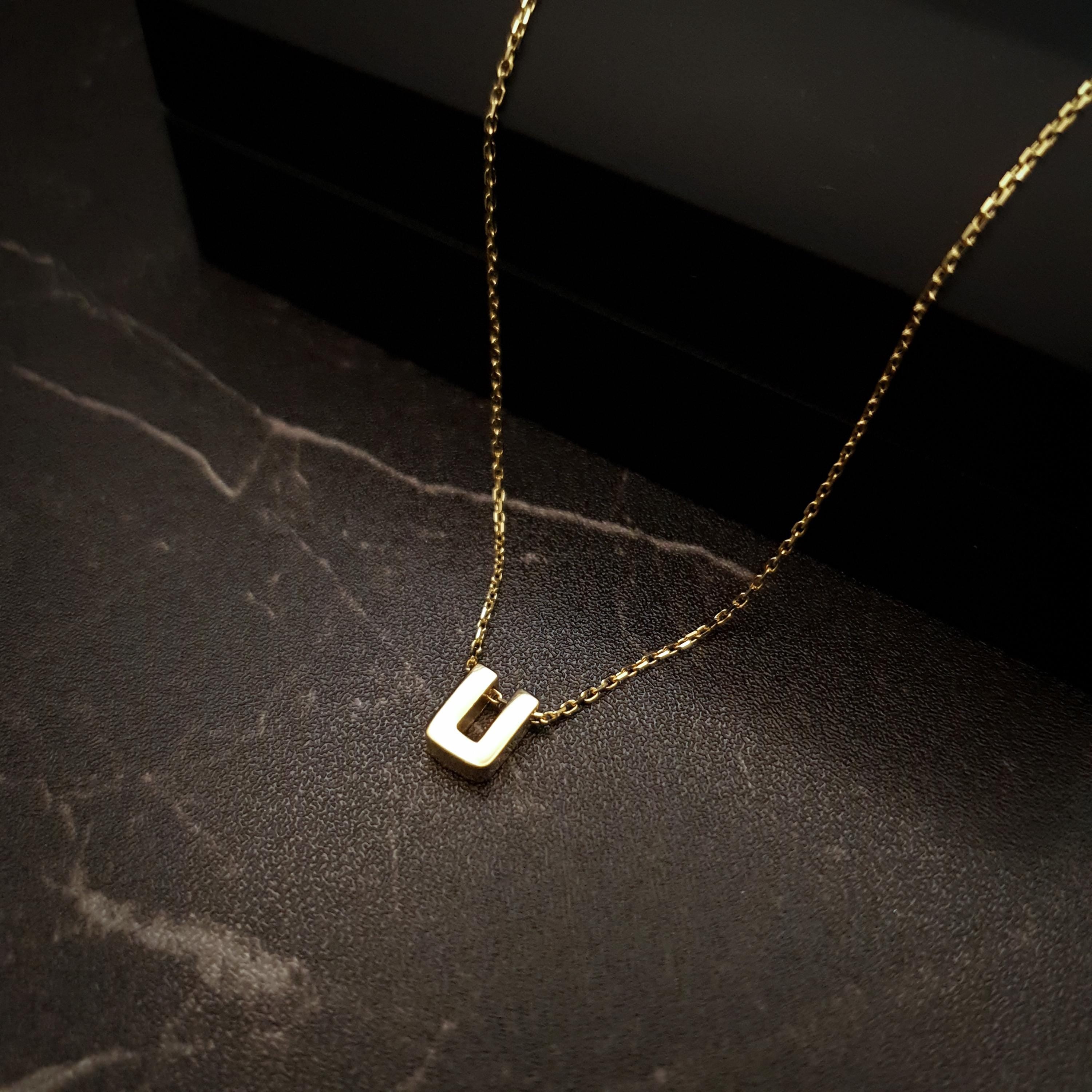 18K Real Gold U Letter Necklace - Minimalist Initial Pendant