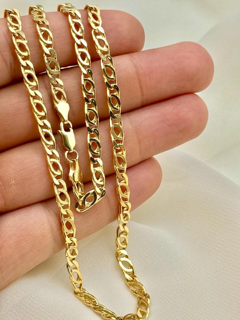 14K Real Gold Tiger Eye Link Chain Necklace: Solid Gold Unisex Jewelry