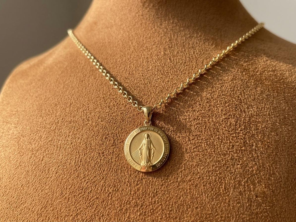 14K Gold Miraculous Medal Necklace, Virgin Mary Pendant, Minimalist Religious Jewelry, Catholic Gift.
