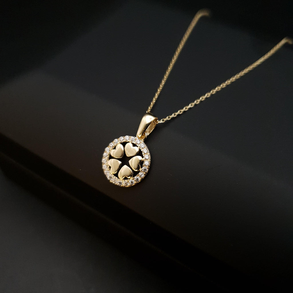 14k Real Gold Floral Heart Necklace: Circle Charm, 17 inch