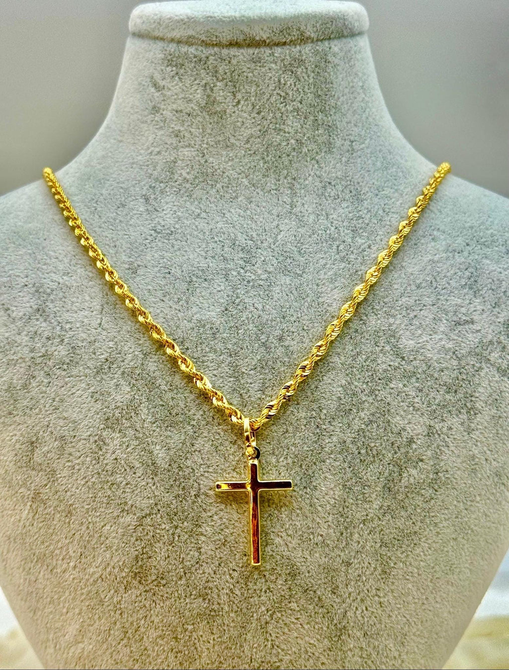18k Real Gold Cross Necklace: 3mm Rope Chain, Nice Gift