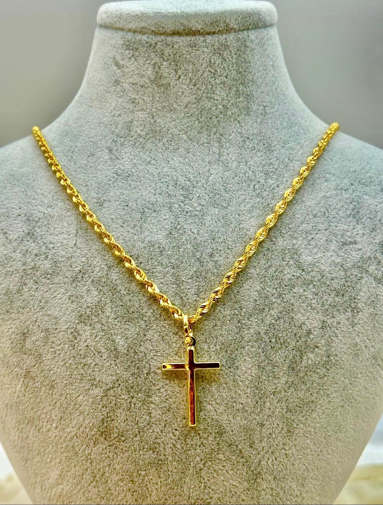 18k Real Gold Cross Necklace: 3mm Rope Chain, Nice Gift