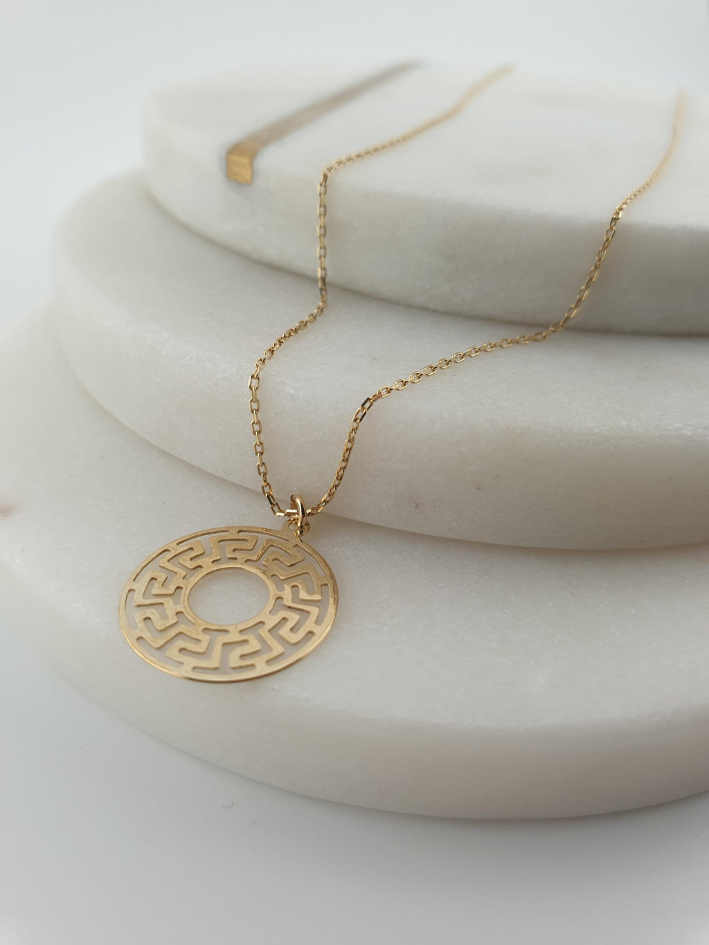 14K Gold Greek Medallion Necklace: Geometric Jewelry Gift