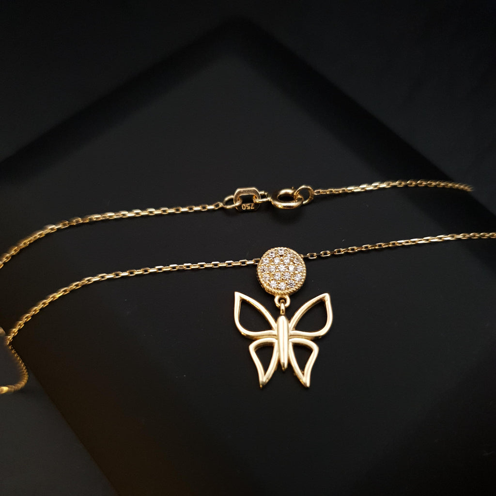 18K Gold Butterfly Necklace with Diamond Circle Pendant