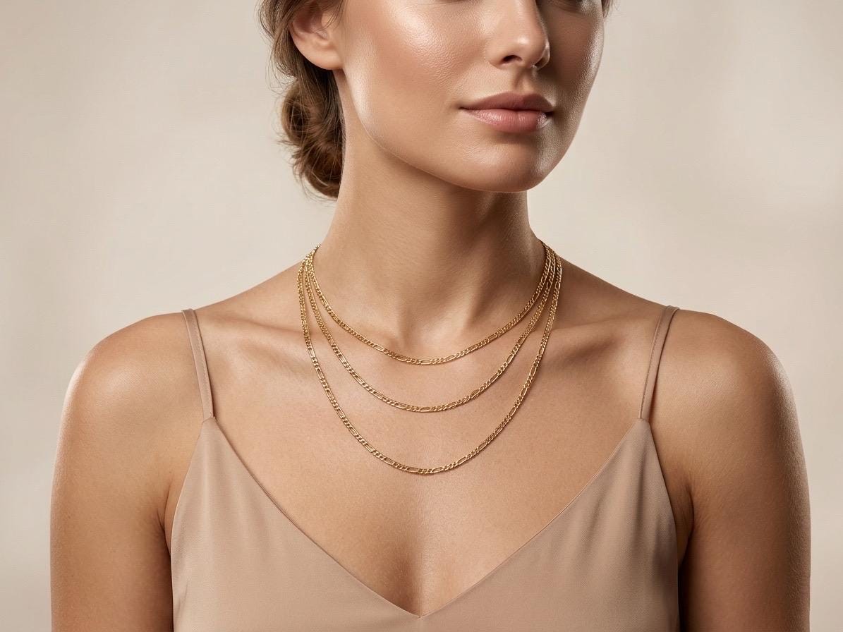 18k Real Gold Figaro Chain Necklace, Thickness 2.75MM