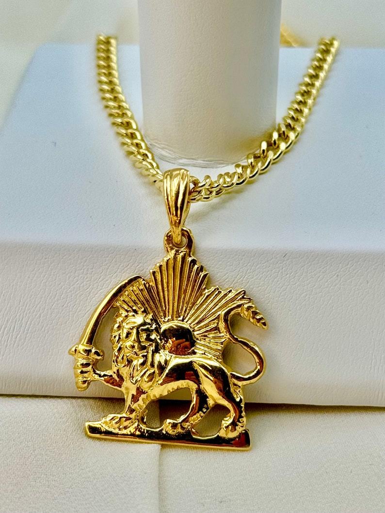 18k Solid Gold Lion and Sun Necklace: Pahlavi Symbol Pendant