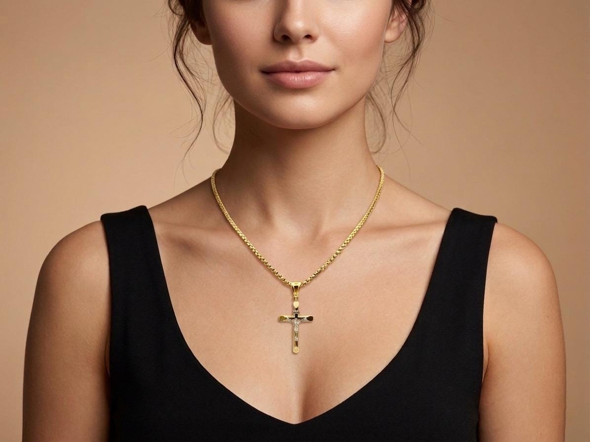 14K Real Gold Cross Necklace with Box Chain, 22 & 24 Inch Length