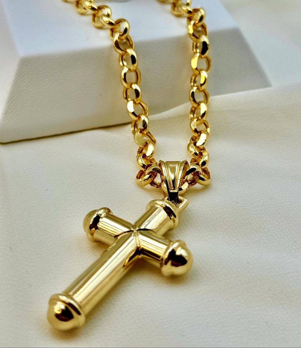14k Real Gold Cross Necklace: Chunky Rolo Chain, Nice Gift