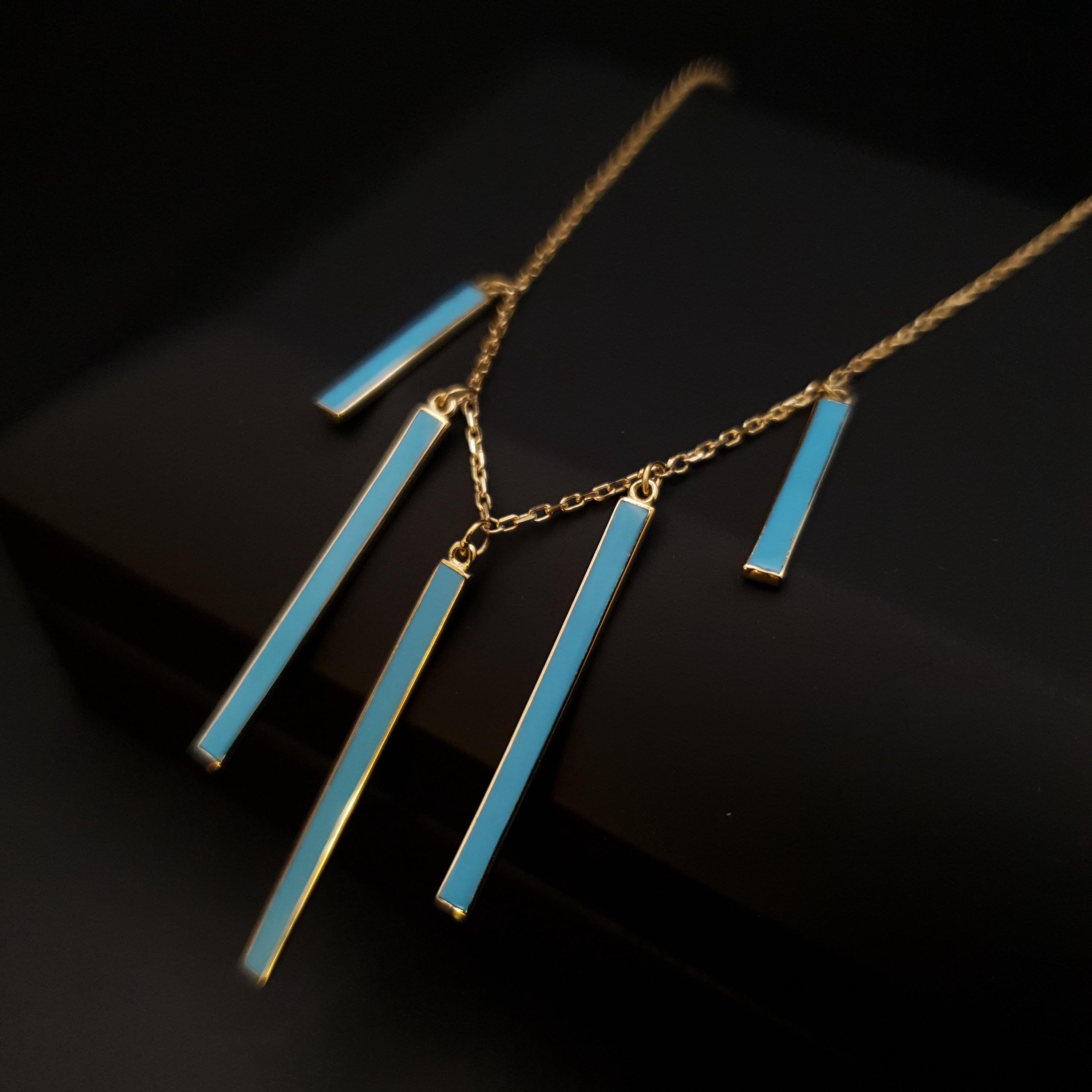 18K Gold Turquoise Bar Necklace: Dainty Modern Pendant