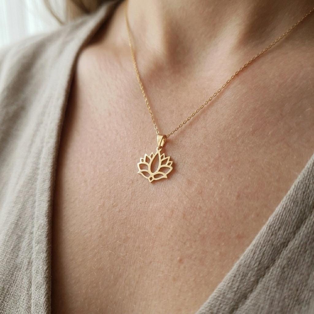 14K Gold Lotus Flower Pendant Necklace: Yoga Jewelry Gift