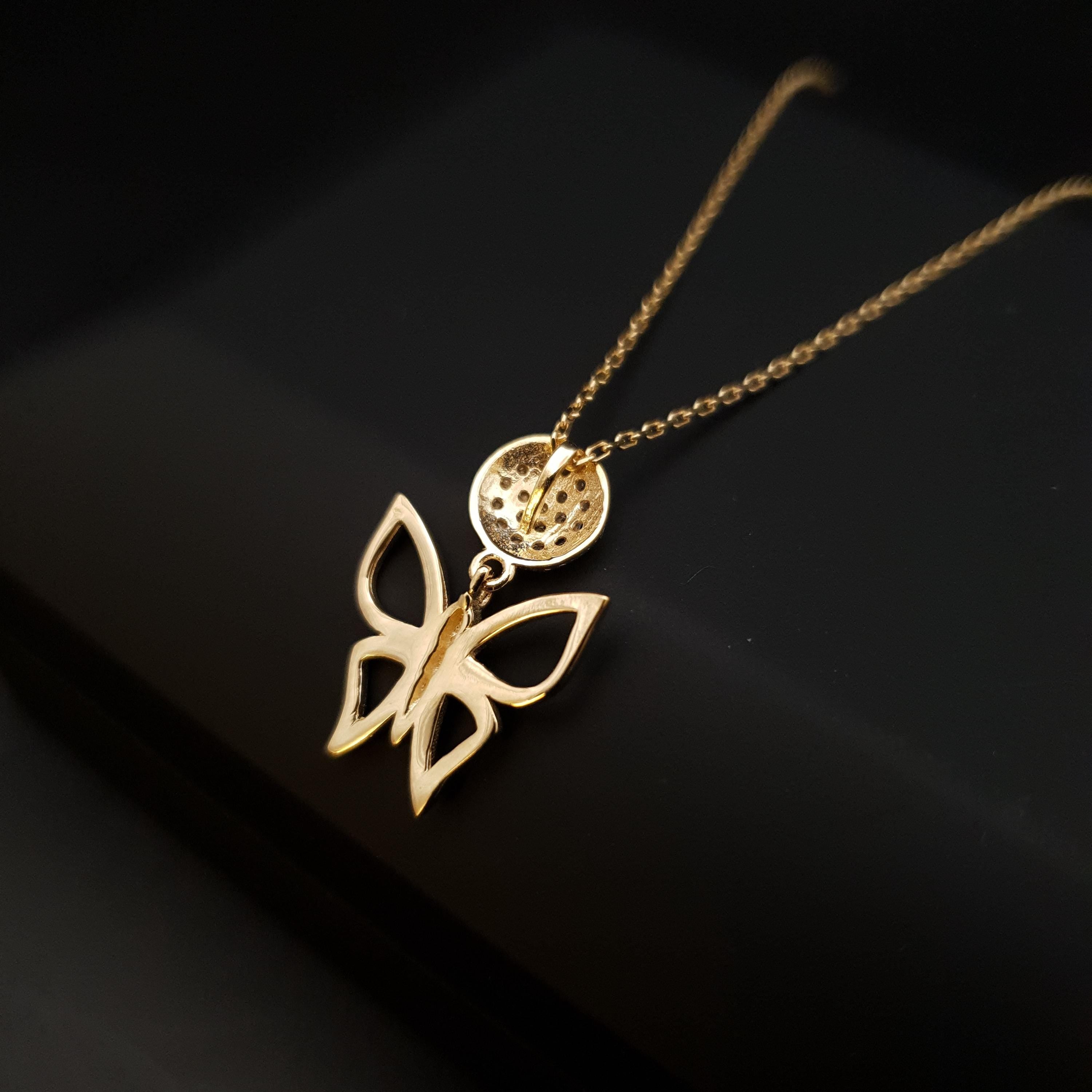 18K Gold Butterfly Necklace with Diamond Circle Pendant