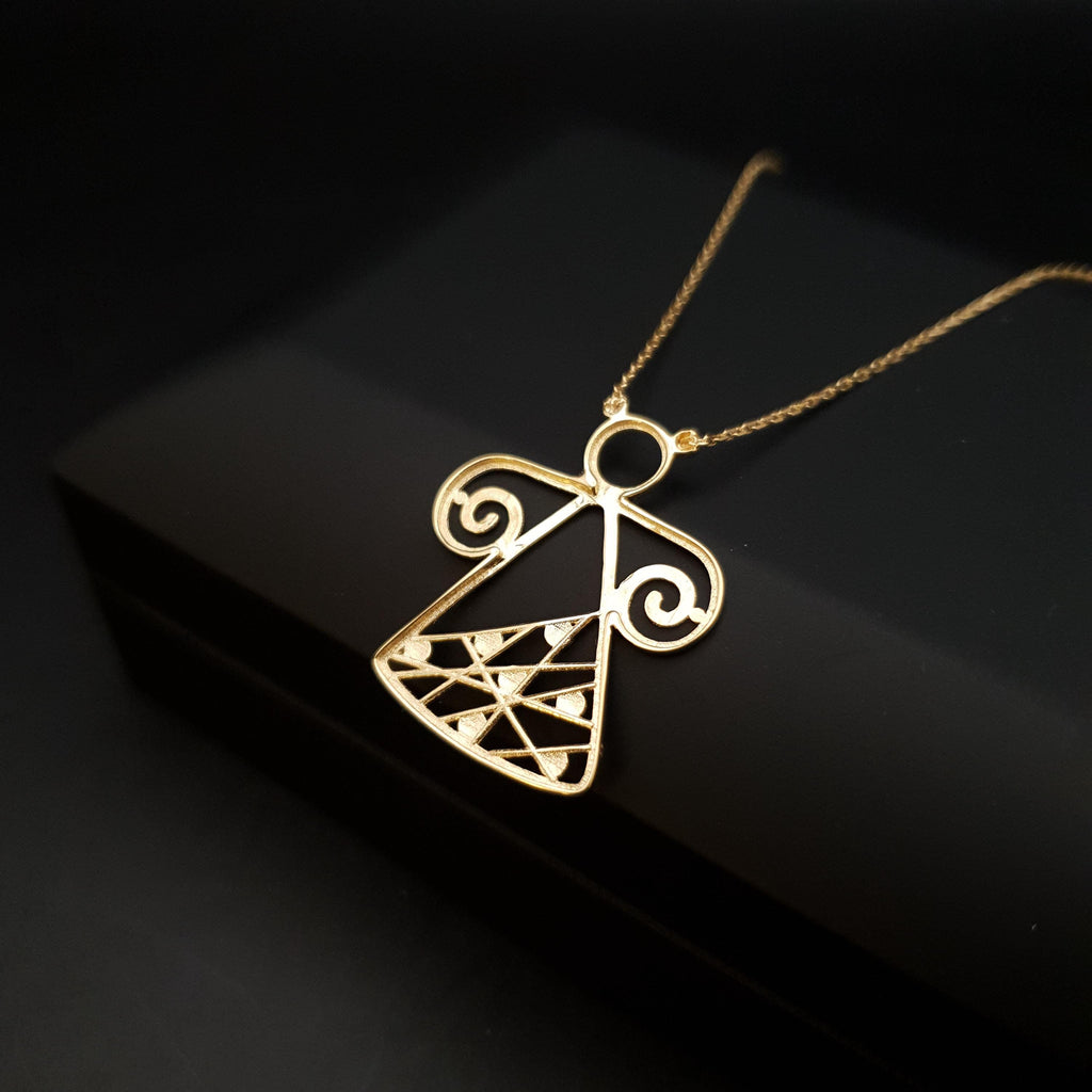 18K Gold Angel Pendant Necklace: Abstract Design, 17 Inch Chain