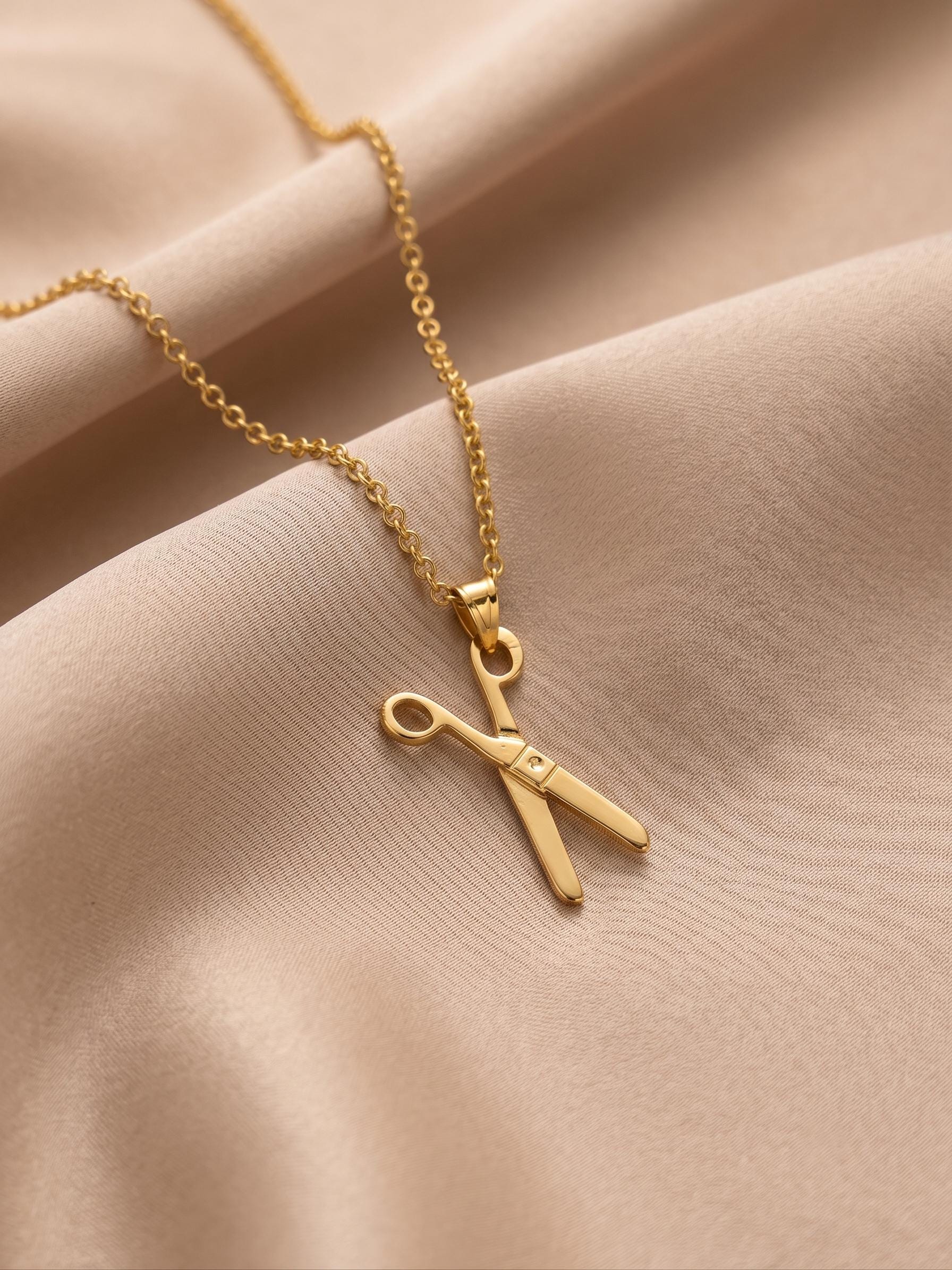 18K Real Gold Scissor Necklace - Rolo Chain Hair Stylist Gift (19.5 inches)