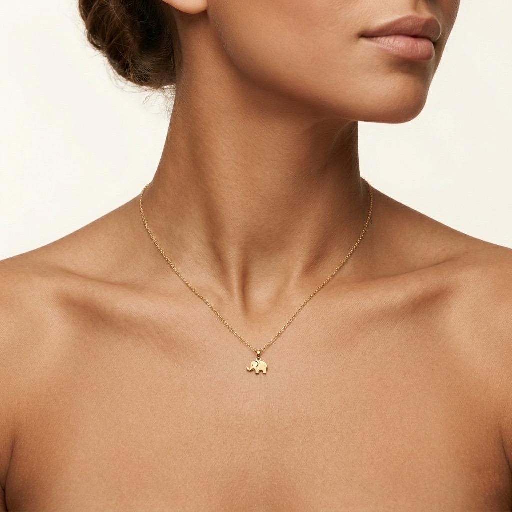 14K Gold Baby Elephant Necklace, Dainty Animal Pendant