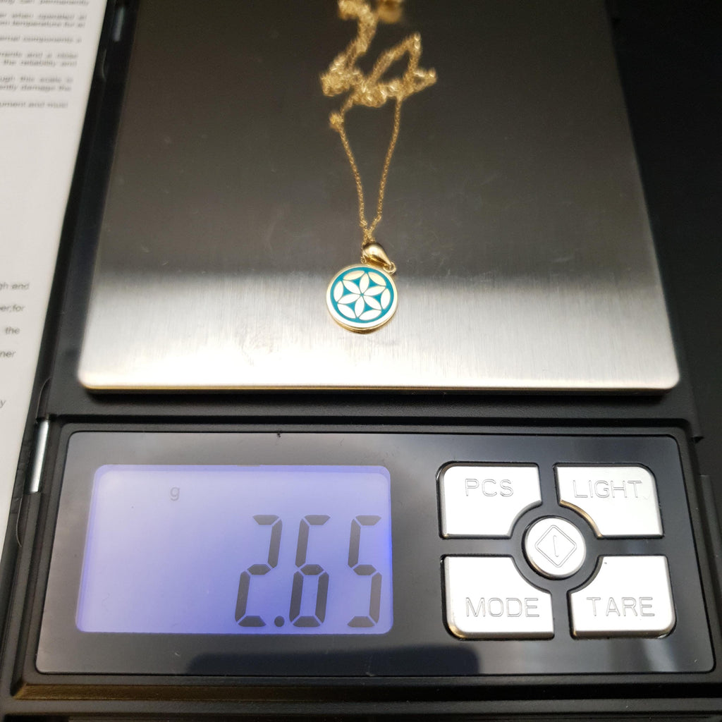 18K Gold Flower of Life Necklace: Turquoise Pendant, 17 inch