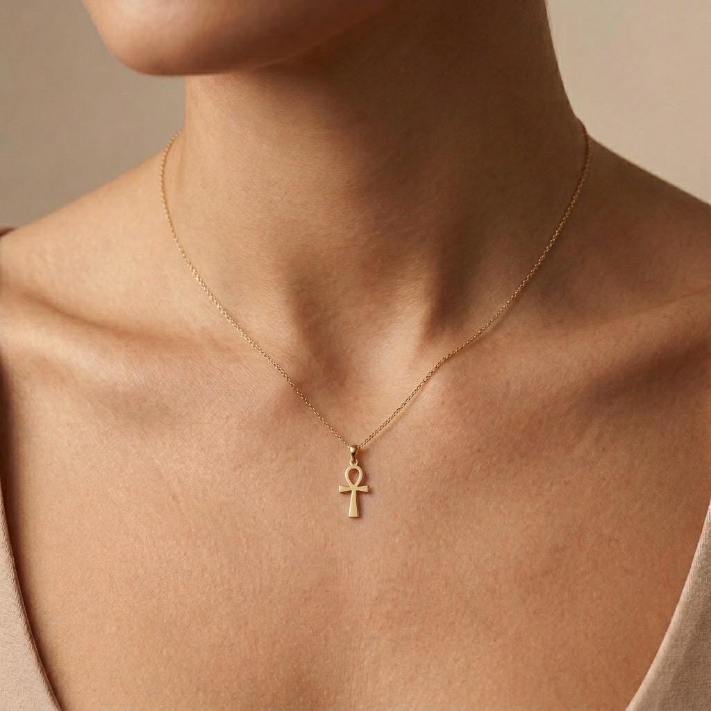 14K Gold Ankh Cross Pendant Necklace