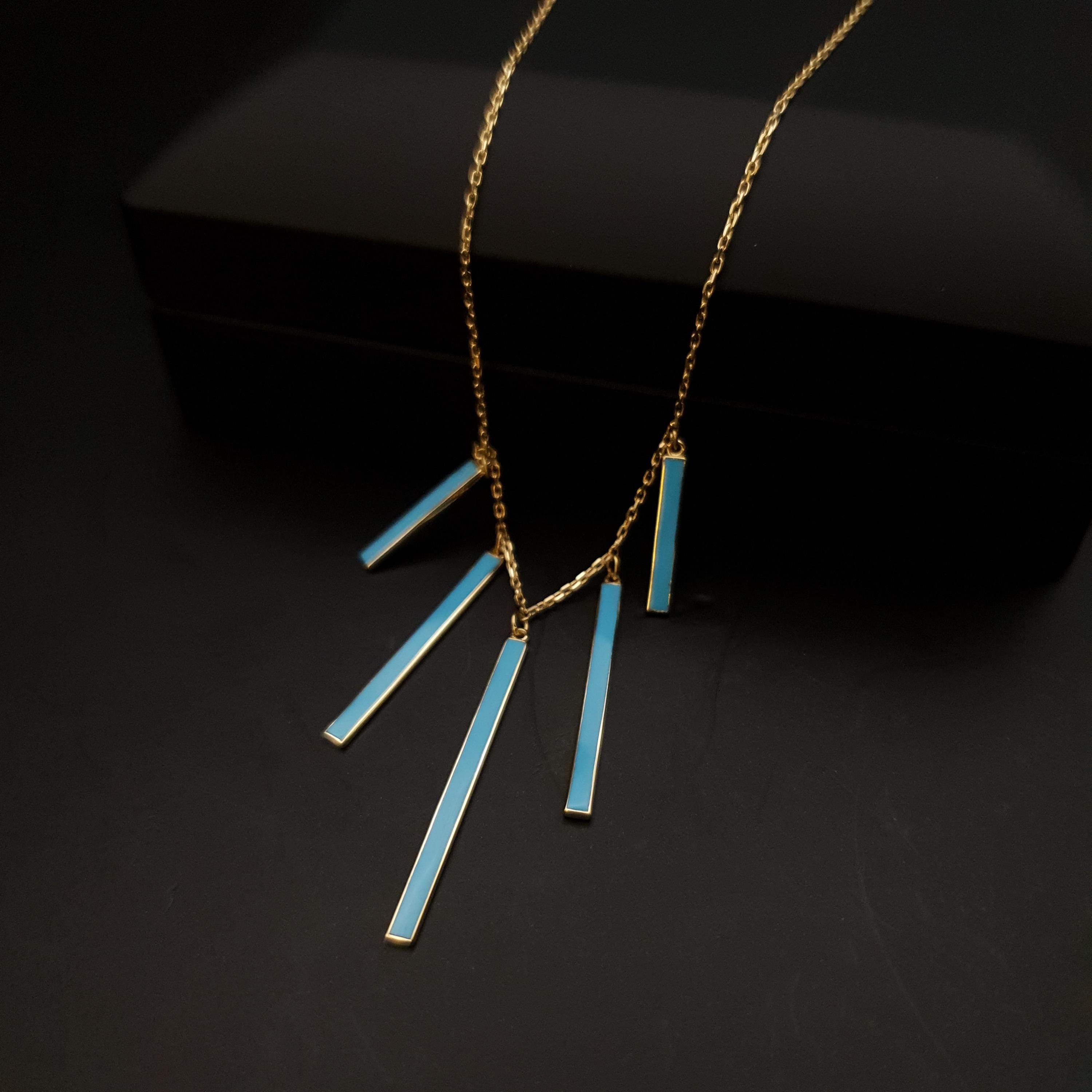 18K Gold Turquoise Bar Necklace: Dainty Modern Pendant