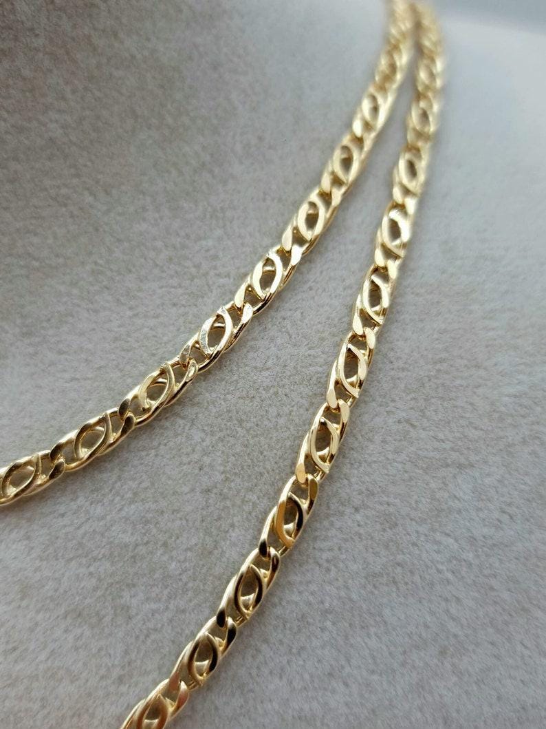 14K Real Gold Tiger Eye Link Chain Necklace: Solid Gold Unisex Jewelry