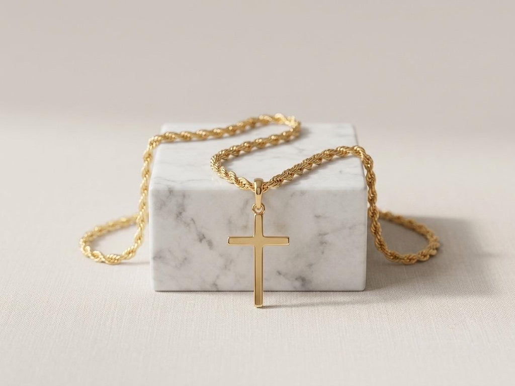 18k Real Gold Cross Necklace: 3mm Rope Chain, Nice Gift