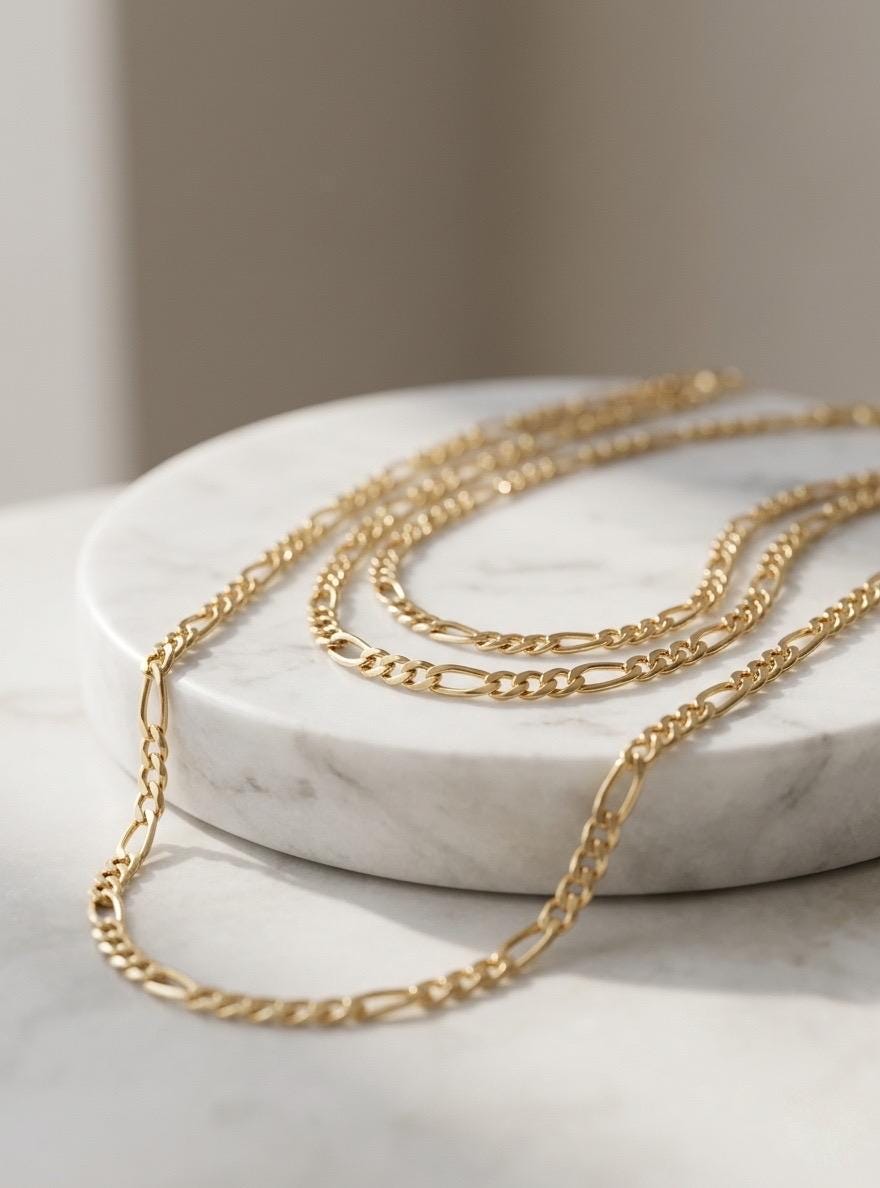 18k Real Gold Figaro Chain Necklace, Thickness 3mm