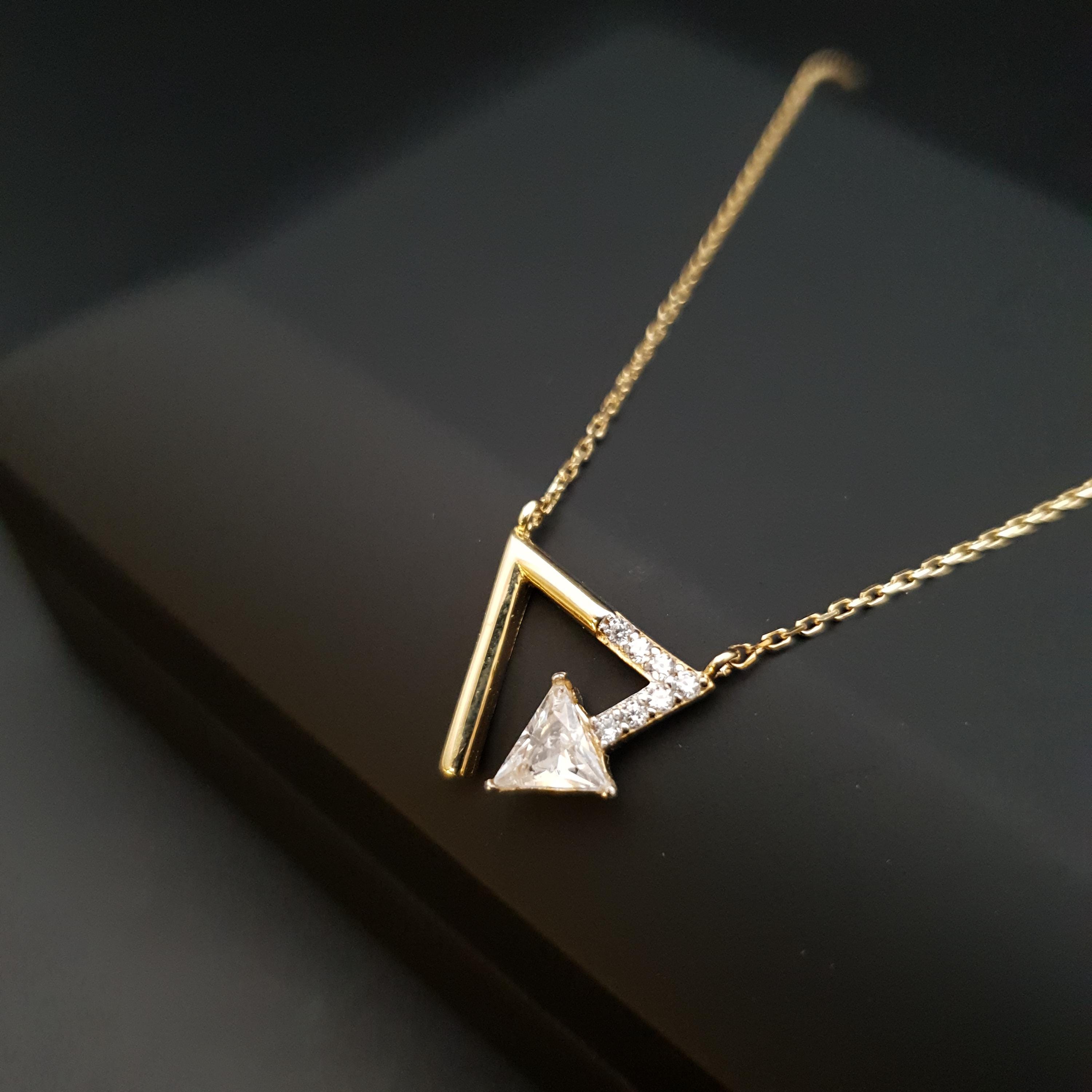 18K Gold Diamond Triangle Pendant Necklace: Geometric Charm