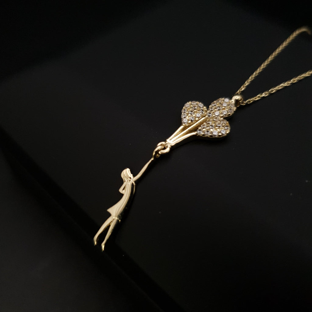 14K Gold Balloon Girl Necklace: Pearl Accent Pendant