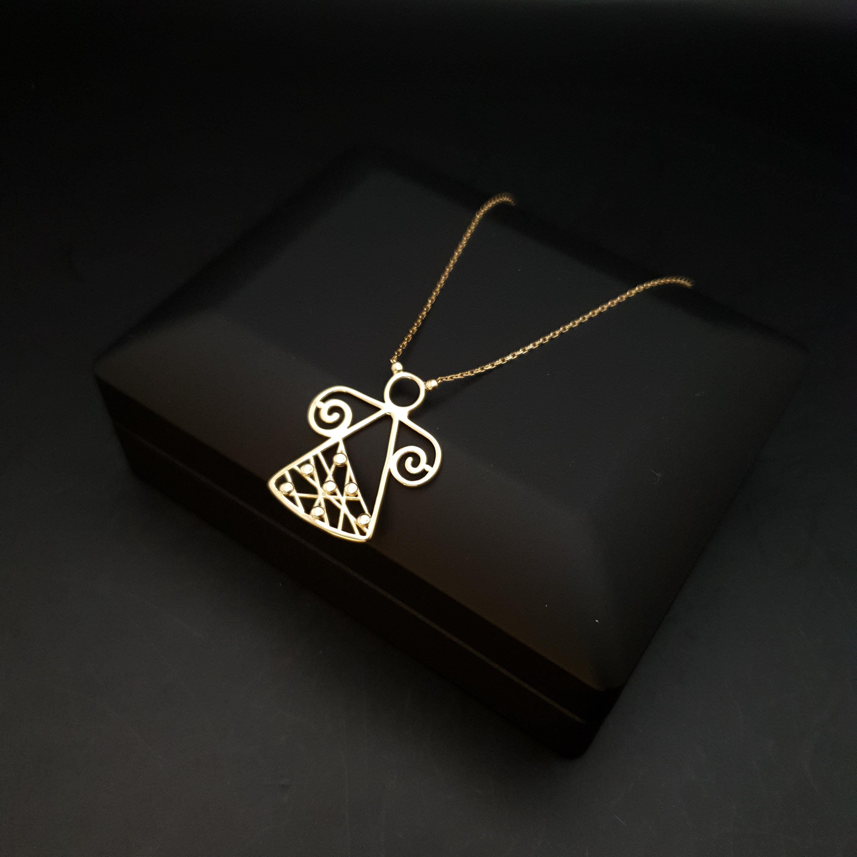 18K Gold Angel Pendant Necklace: Abstract Design, 17 Inch Chain