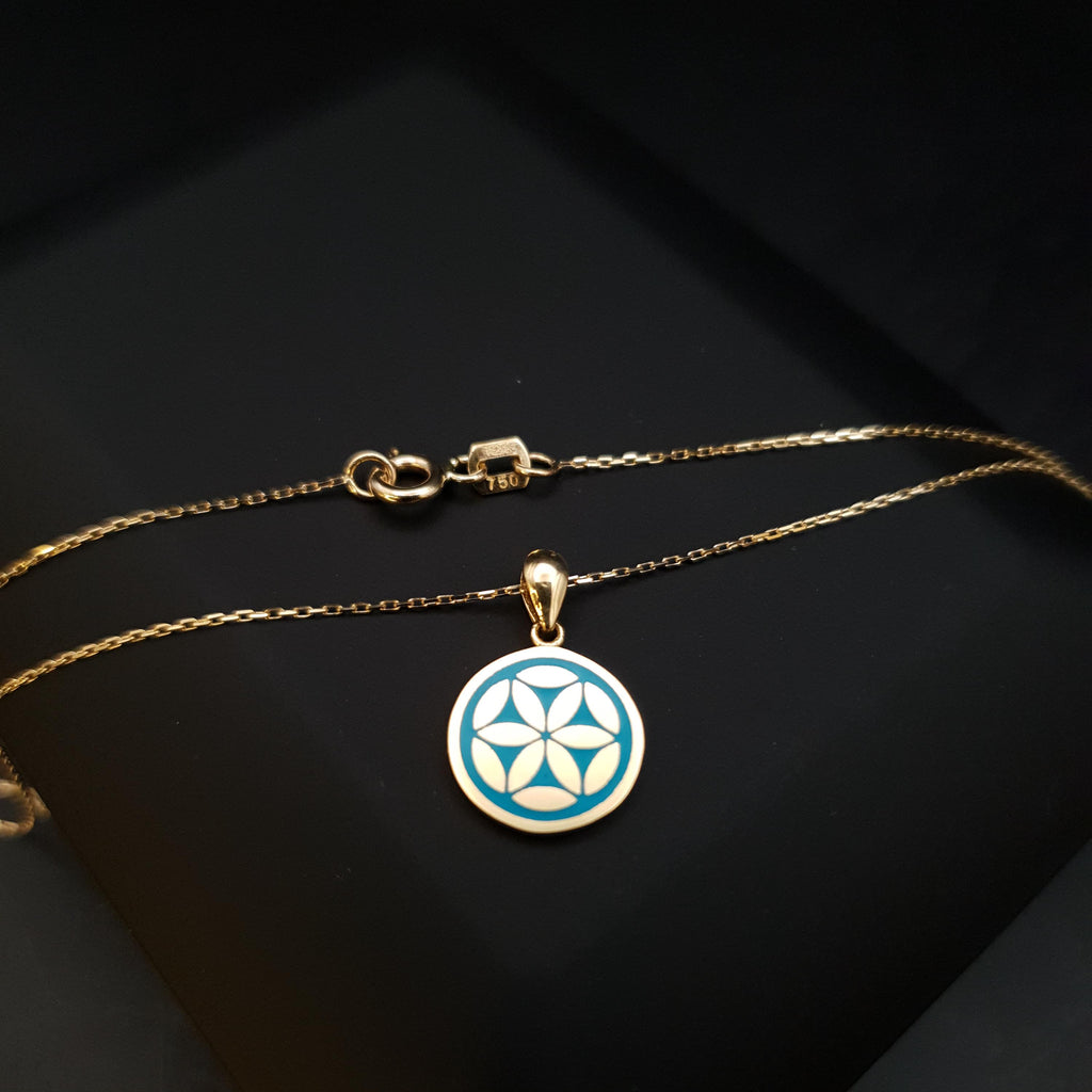 18K Gold Flower of Life Necklace: Turquoise Pendant, 17 inch