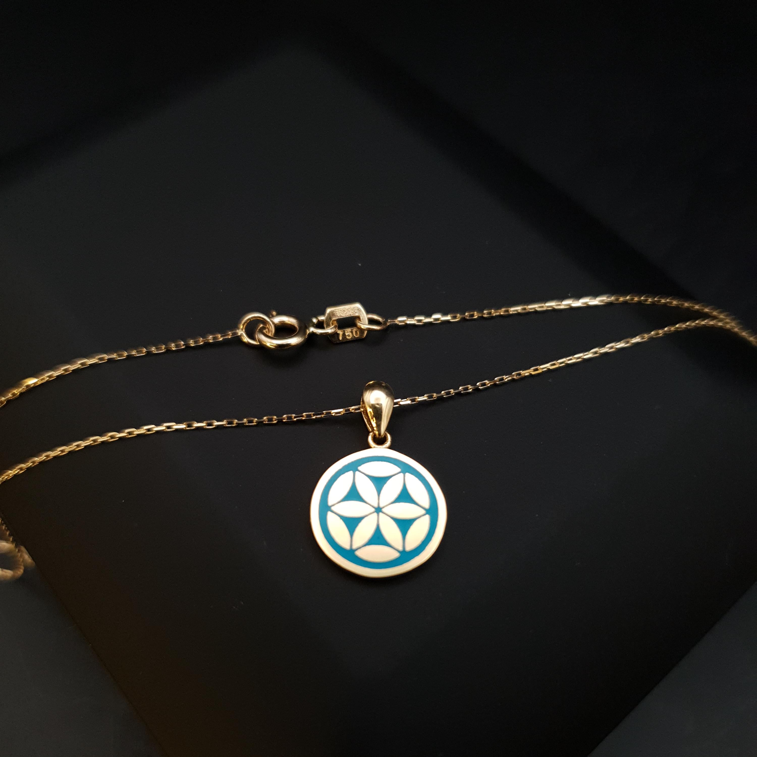 18K Gold Flower of Life Necklace: Turquoise Pendant, 17 inch