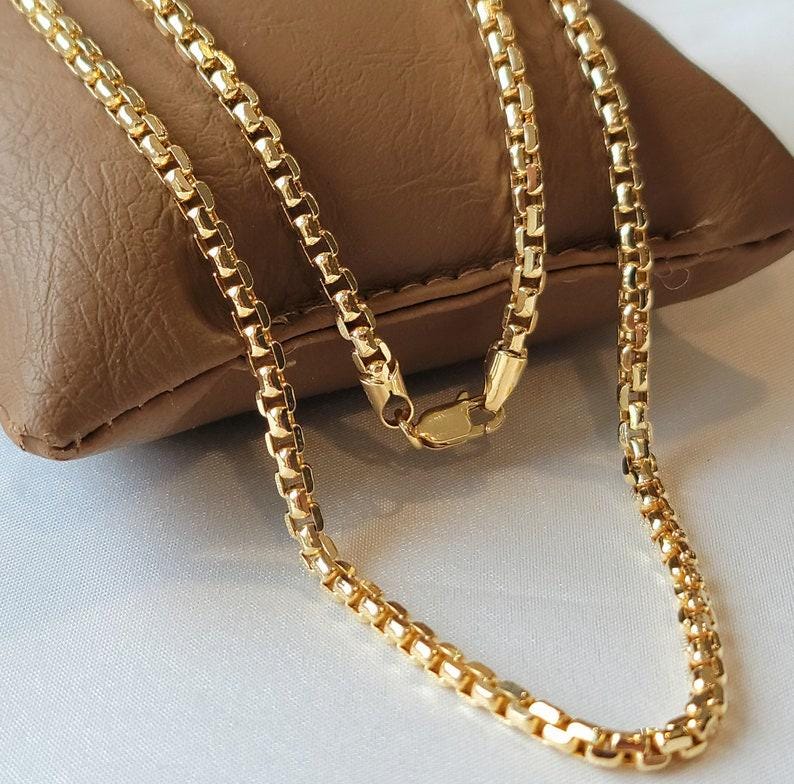 14K Solid Real Gold Box Chain Necklace 3.5mm, Unisex