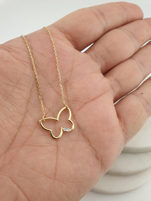 14K Gold Butterfly Pendant Necklace, Dainty Charm