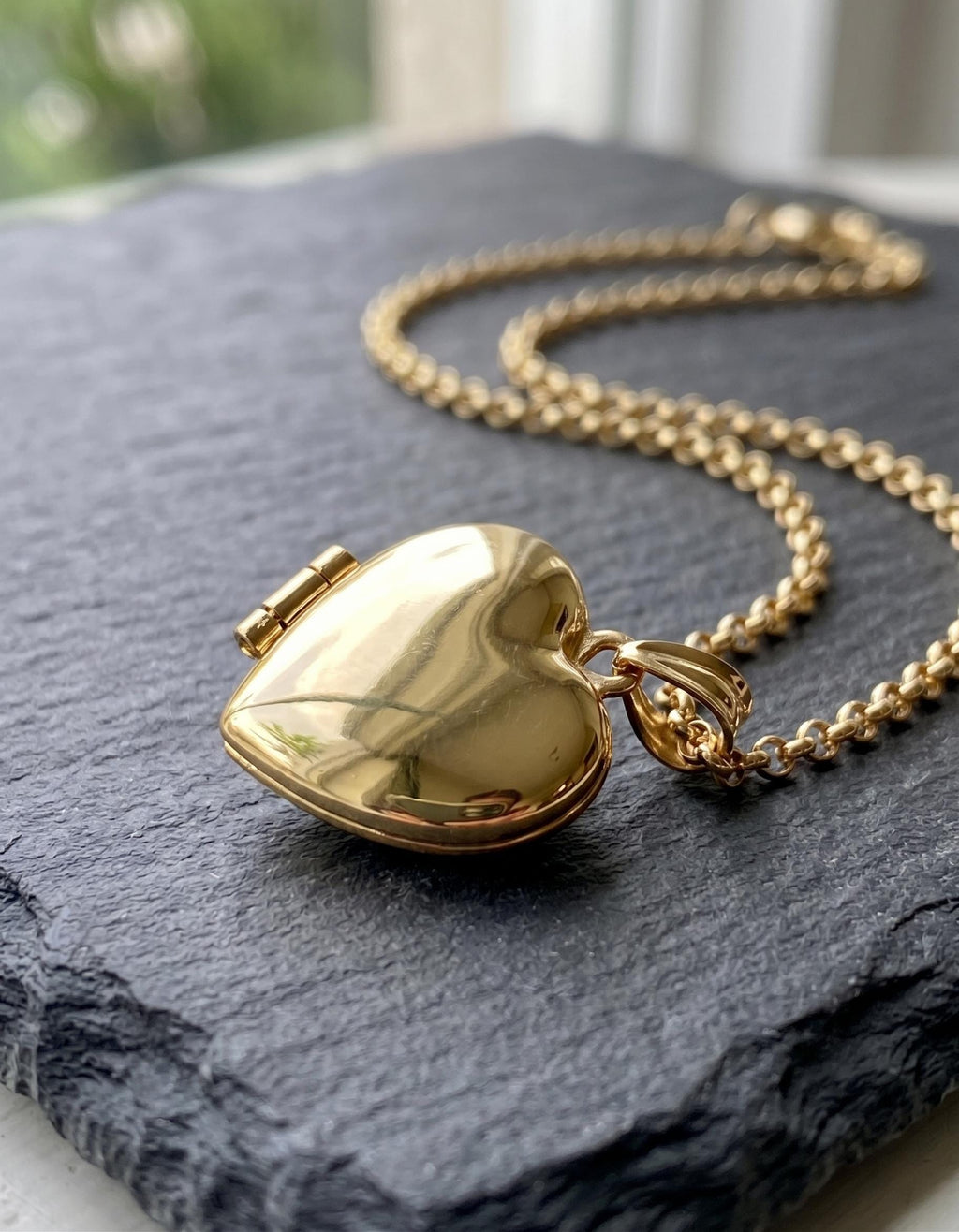 14k Real Gold Heart Locket Necklace, Rolo Chain Photo Memorial Pendant
