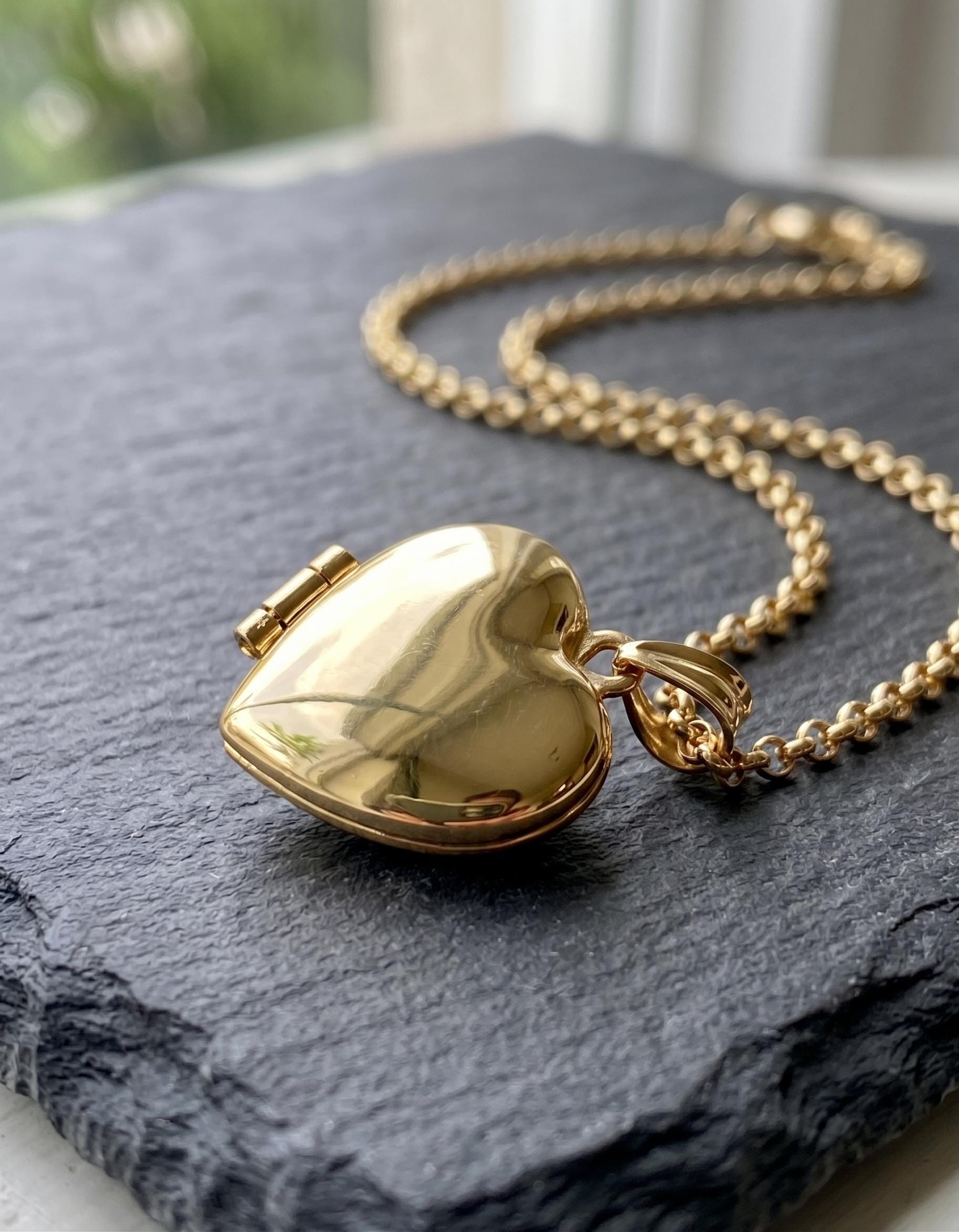 14k Real Gold Heart Locket Necklace, Rolo Chain Photo Memorial Pendant